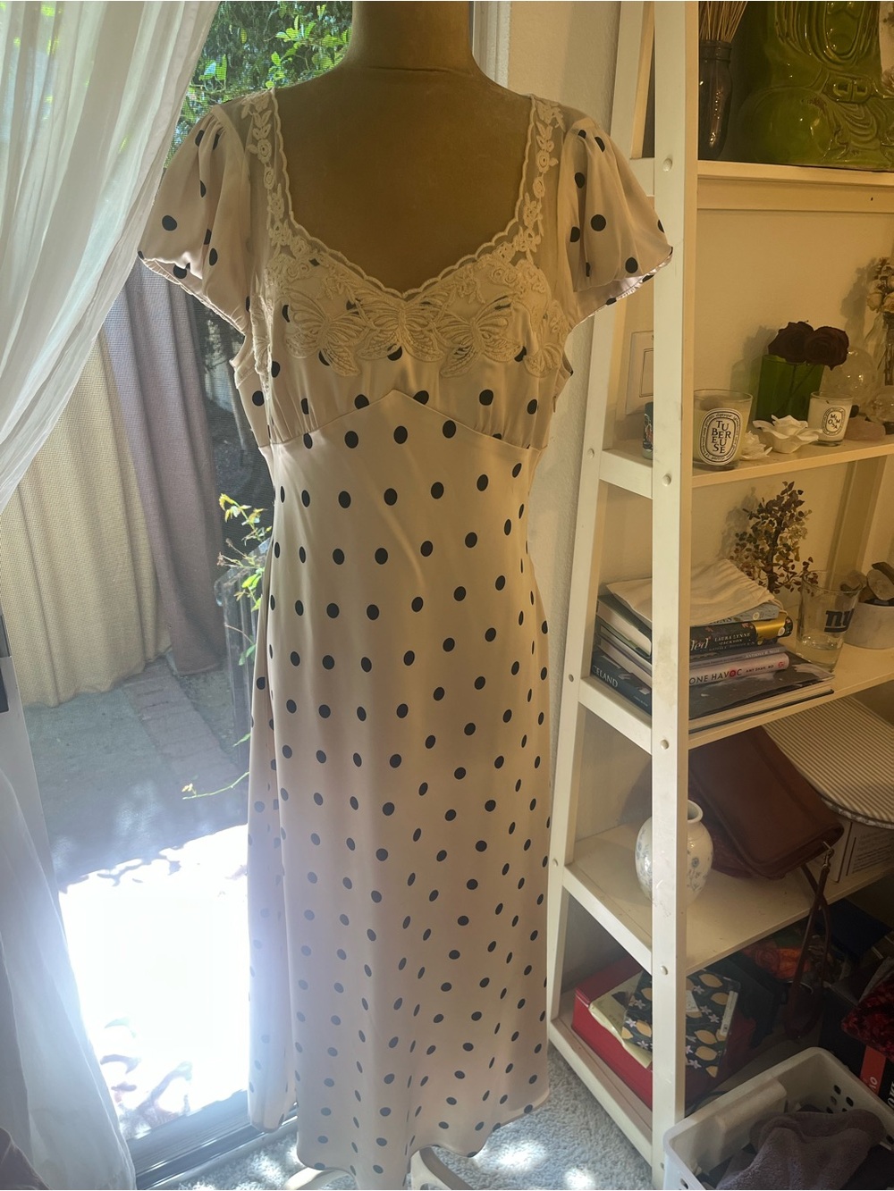 Camila Coelho Cream Slip with Black Polka Dots and Lace Trim